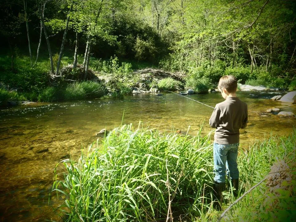 A child fishing in the Doux, standing in the grass on the bank