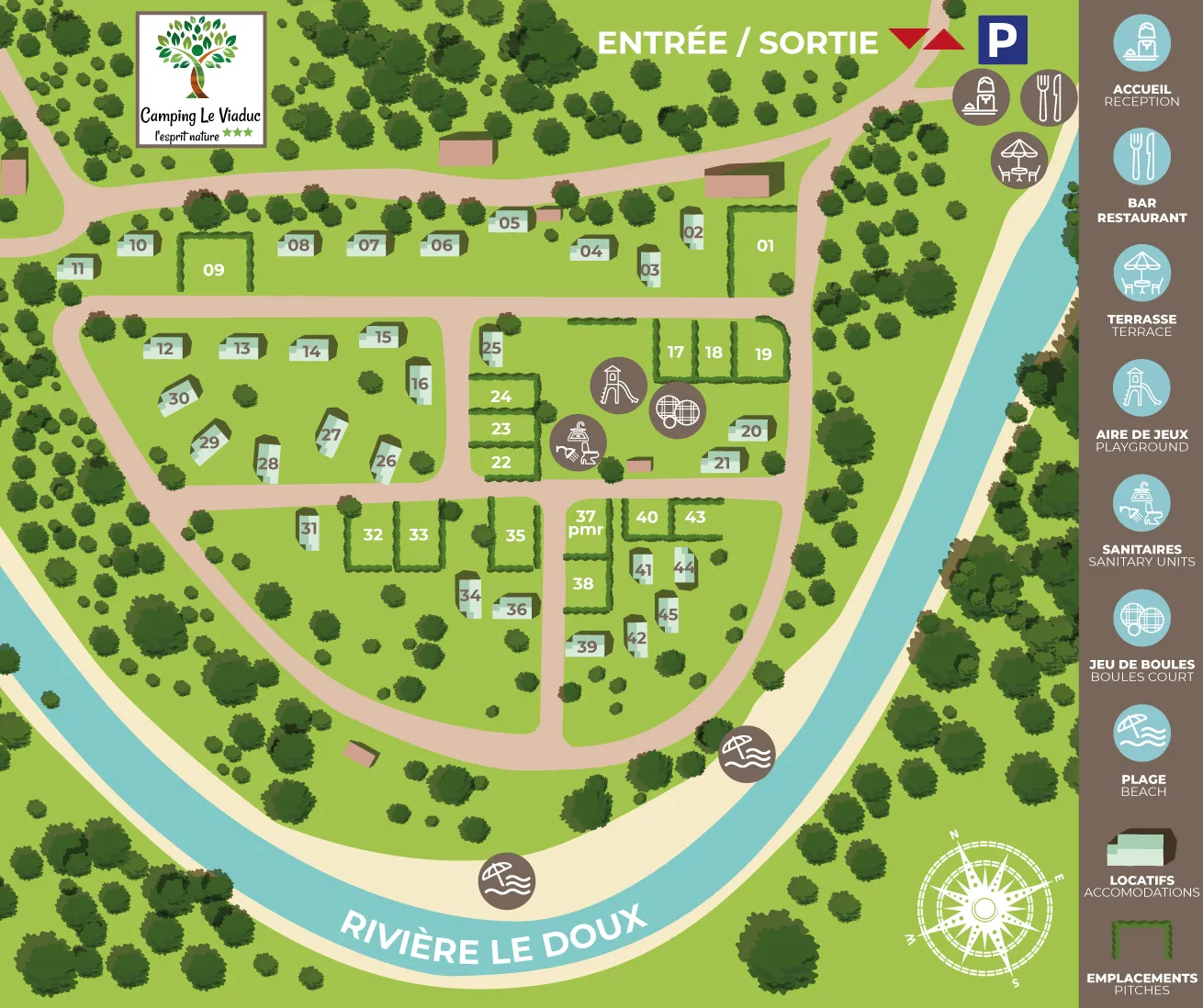 Map of Camping Le Viaduc: reception, bar-restaurant, terrace, playground, sanitary units, boules court, beaches along the Doux, numbered accommodations and pitches